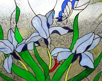 Blue Iris, Butterfly Stained Glass Window Panel - Flower Glass Art Home Decor - Customizable Item #6535