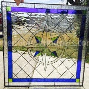 Classic Diamonds & Compass Rose Stained Glass Window Panel - Clear Textured Tudor Style Stain Glass - Geometric Art - Customizable Item#173