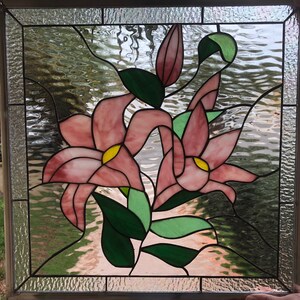 Pink Lilies Stained Glass Window Panel, Hangings - Lily Flower Stained Glass Art Home Decor - Clear Textured Glass Customizable Item #15942