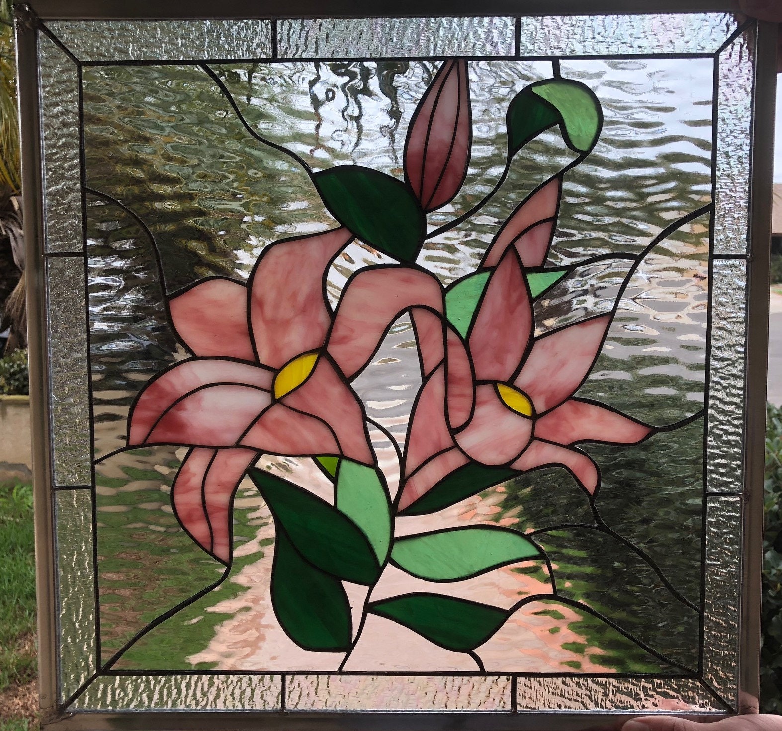 Pink Lilies Stained Glass Window Panel Hangings Lily Flower Etsy