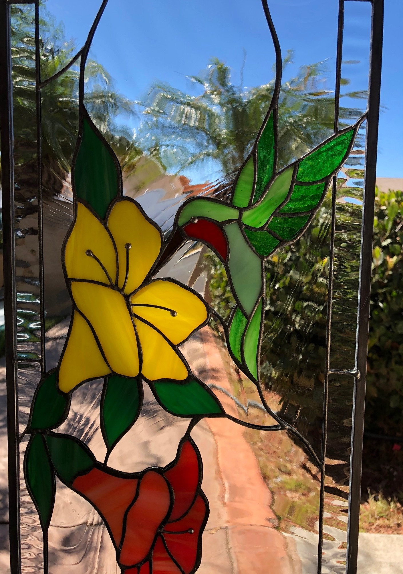 Hummingbirds Stained Glass Panel With Hibiscus Window, Hangings