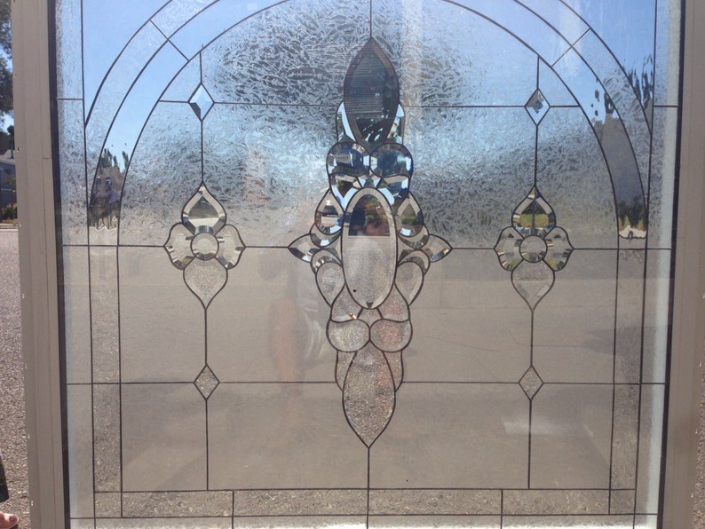 Large Beveled Stained Glass Window Panel Barkley Vinyl Frame Etsy