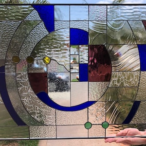 Exquisite Contemporary Abstract Stained Glass Window Panel - Leaded Stain Glass Geometric Clear Textured Glass Art Customizable Item #15931
