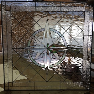 Compass Rose Clear Stained Glass Window Panel, Hangings - Maywood Beveled Stained Tudor Diamond Circle - Customizable Item #7311