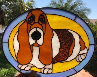 Good old Basset Hound Stained Glass suncatcher - Window Panel - Pet Stained Glass Art Personalized Hand Made - Customizable Item #3483