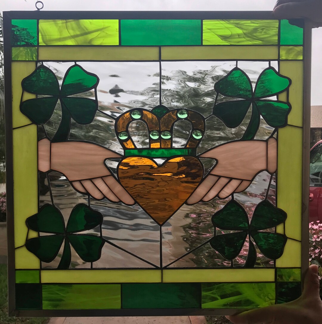 Irish Claddagh Ring Shamrock Stained Glass Window Panel Etsy
