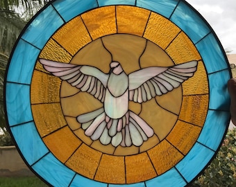 Graceful Dove Stained Glass Window Panel, Hangings - Circular Glass - White Dove Peace Religious Church Prayer - Customizable Item #1370
