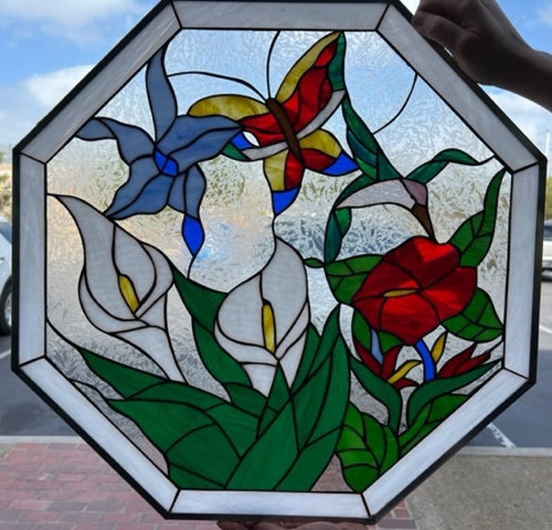 （特別価格）Stained Glass Window Monarch, Iris & Hummingbird Leaded Stained Glass Window Panel