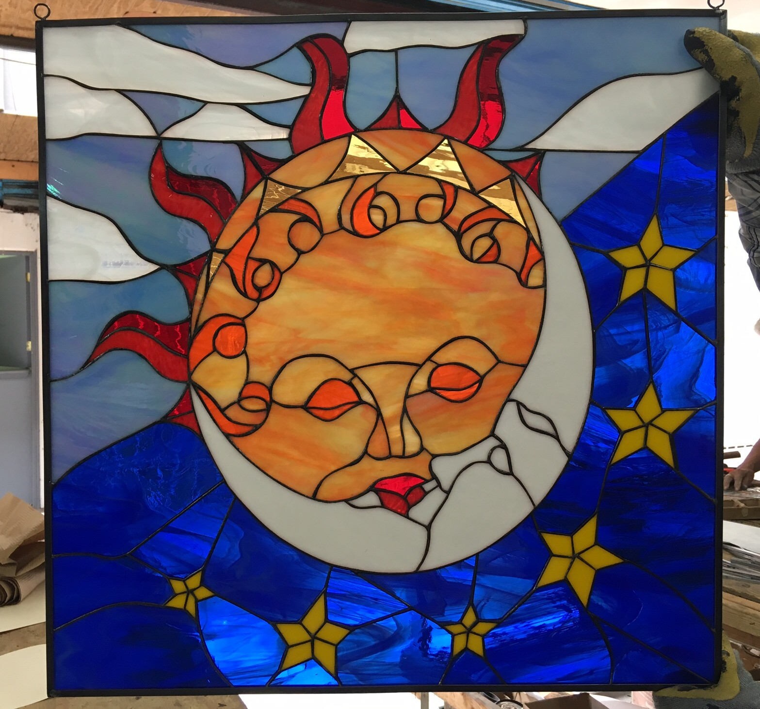 Kissing Sun and Moon Leaded Stained Glass Window Panel Insert Hangings ...