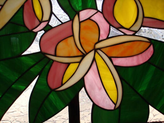 Hawaiian Plumeria Trio Leaded Stained Glass Window Panel, Hangings