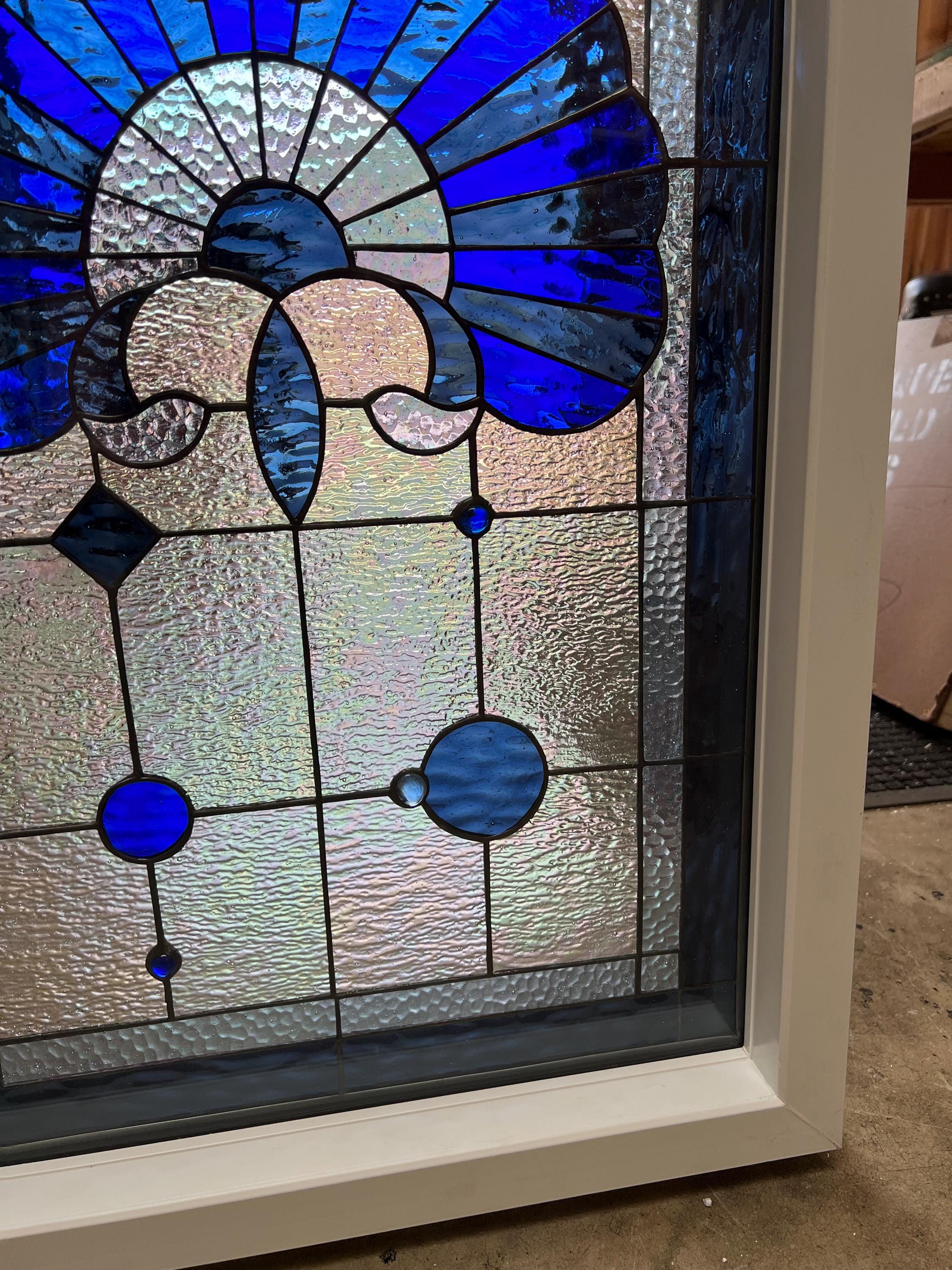 Vinyl Framed & Triple Paned Cobalt Blue Seashell Stained Glass 