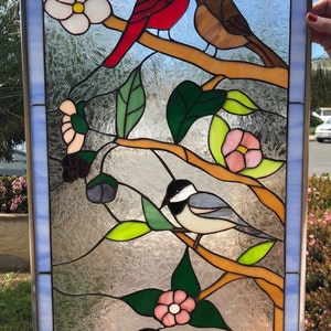 Beautiful Birds & Blossoms Leaded Stained Glass Window Panel Hangings - Autumn Glass Cardinal Birds Glass Art Decor Customizable Item #15930