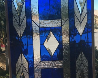 Stunning Geometric Diamond Stained & Beveled Glass Window Panel, Transom, Inserts - Sanoma Geometric Abstract Art - Customizable Item#340