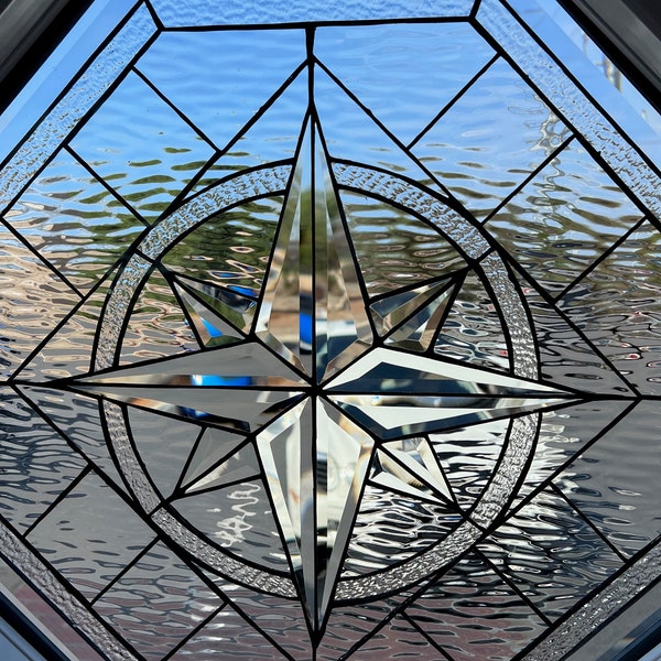 Octagon Compass Rose Beveled Stained Glass Window Panel Insulated & Pre-installed Into Vinyl Frame Clear Glass Art Customizable Item #12254