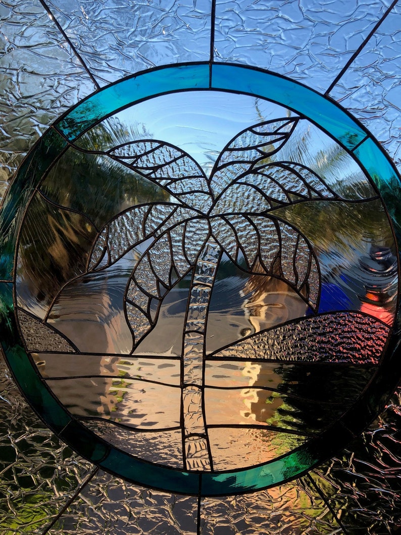 Beautiful Iridescent Palm Tree Stained Glass Window Panel Etsy