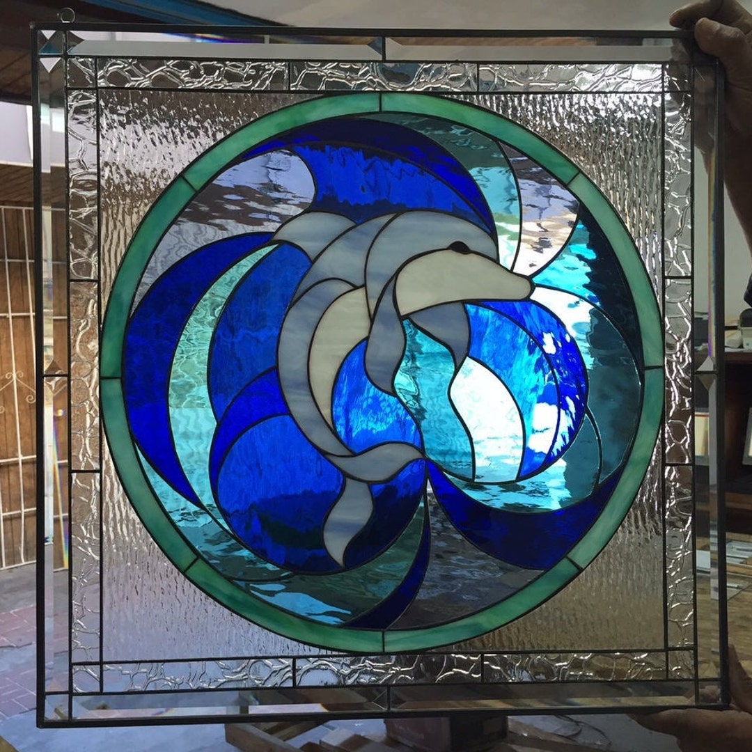 ドーンオブザドルフィン Dolphin Stained Glass Panel, Clear Beveled Glass Window