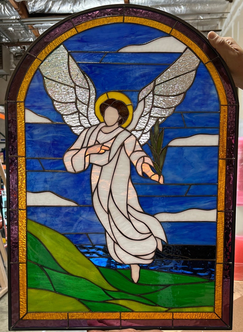 Angel Stained Glass Window Panel Hangings Seashore, Flying White Angel, Church Art Glass Custom Made Item 6656 image 1