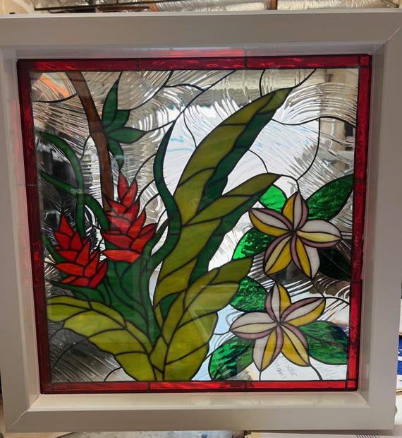 Tropical! Plumeria & Heliconia Flowers Stained Glass Window Vinyl
