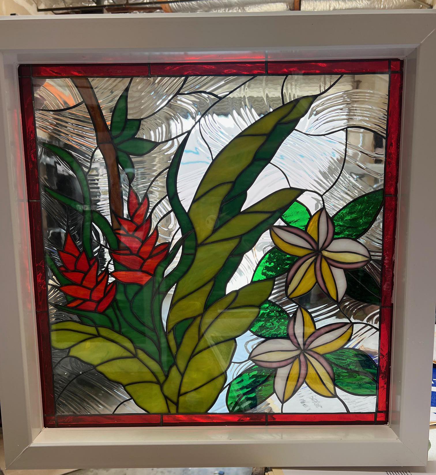 Tropical! Plumeria & Heliconia Flowers Stained Glass Window Vinyl