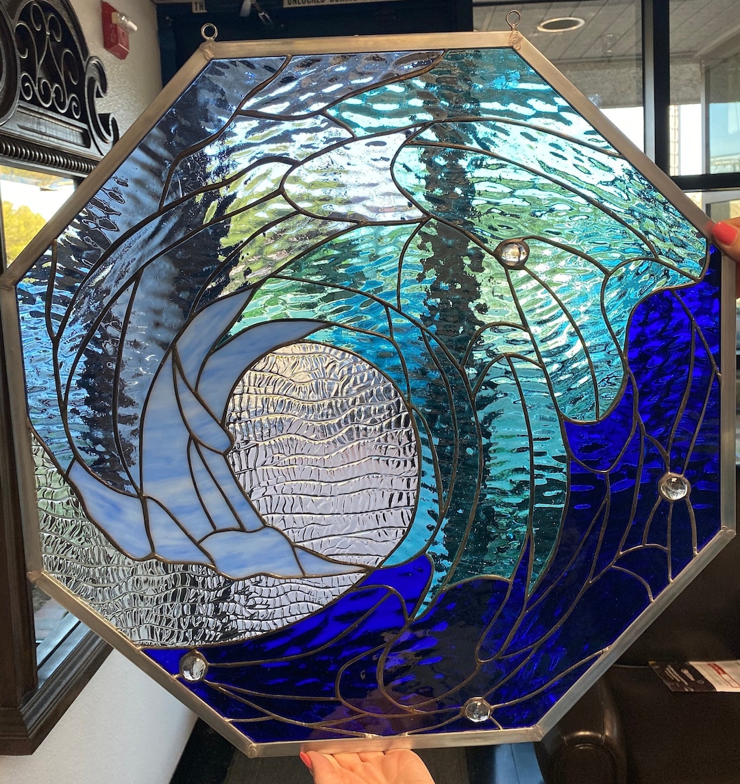 Octagon Ocean Wave Leaded Stained Glass Window Panel - Blue Room Stain ...