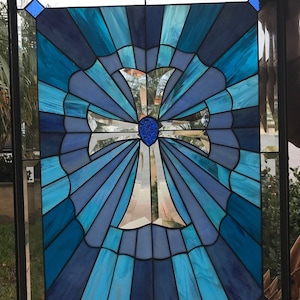 Blue Cross Burst Beveled Stained Glass Window Panel - Gothic Cross Stain Glass for Church - Religious Stained Glass Customizable Item #6824