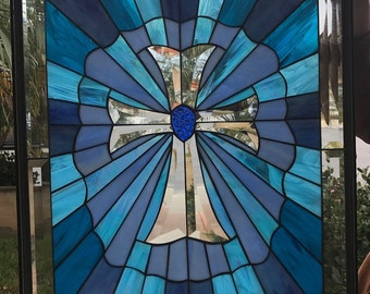 Blue Cross Burst Beveled Stained Glass Window Panel - Gothic Cross Stain Glass for Church - Religious Stained Glass Customizable Item #6824