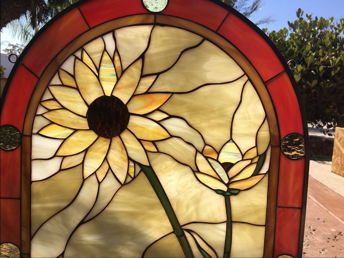 Arched Leaded Stained Glass Sunflower Window Panel The | Etsy