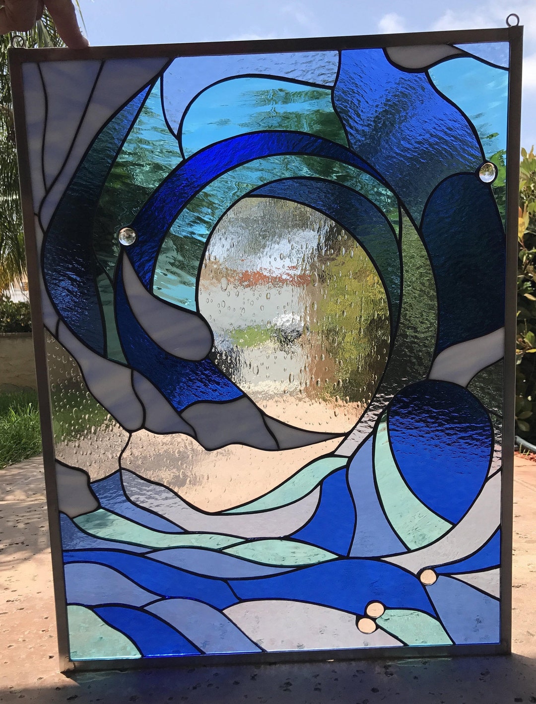 Cresting Wave 3 Leaded Stained Glass Window Panel Cabinet