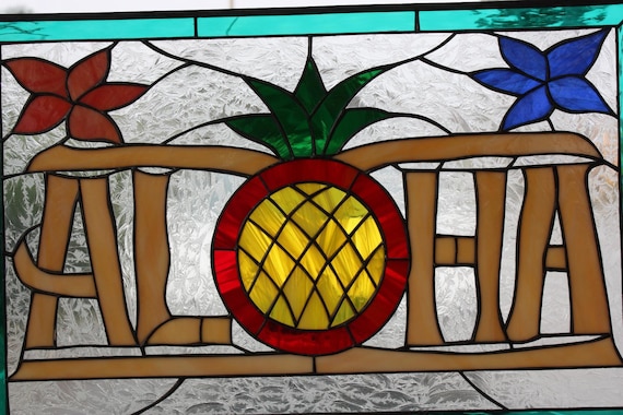 Aloha & Pineapple Stained Glass Window Panel, Hangings
