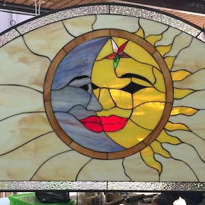 Mystical Kissing Sun Moon Stained Glass Panel, Window, Hangings, Transom - Arched Semi Circle - Above Door - Customizable Item #7876