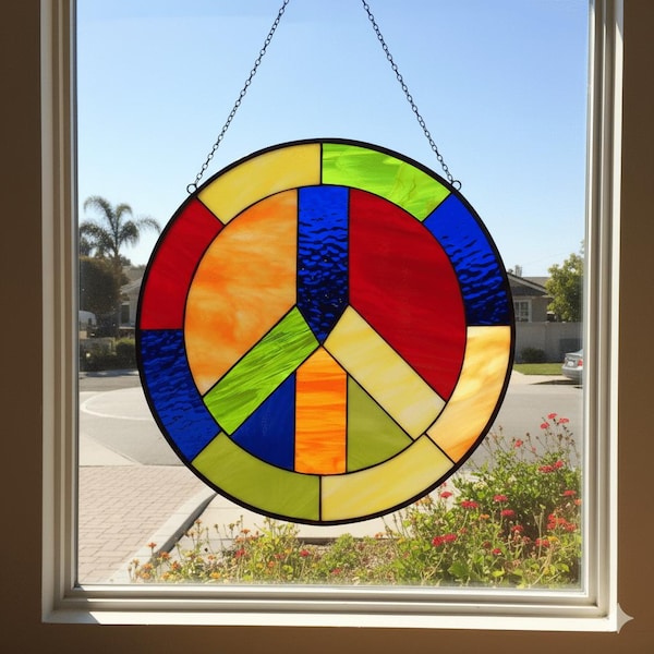 Awesome Colorful Peace Sign Stained Glass Window Panel, Hangings - Abstract Modern Glass Art - Hand Made Art Decor - Customizable Item #4998