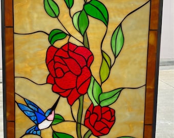 Hummingbird & Red Roses Leaded Stained Glass Window Panel, Hangings - Flying Bird - Flower Glass Art Decor - Customizable Item #6707