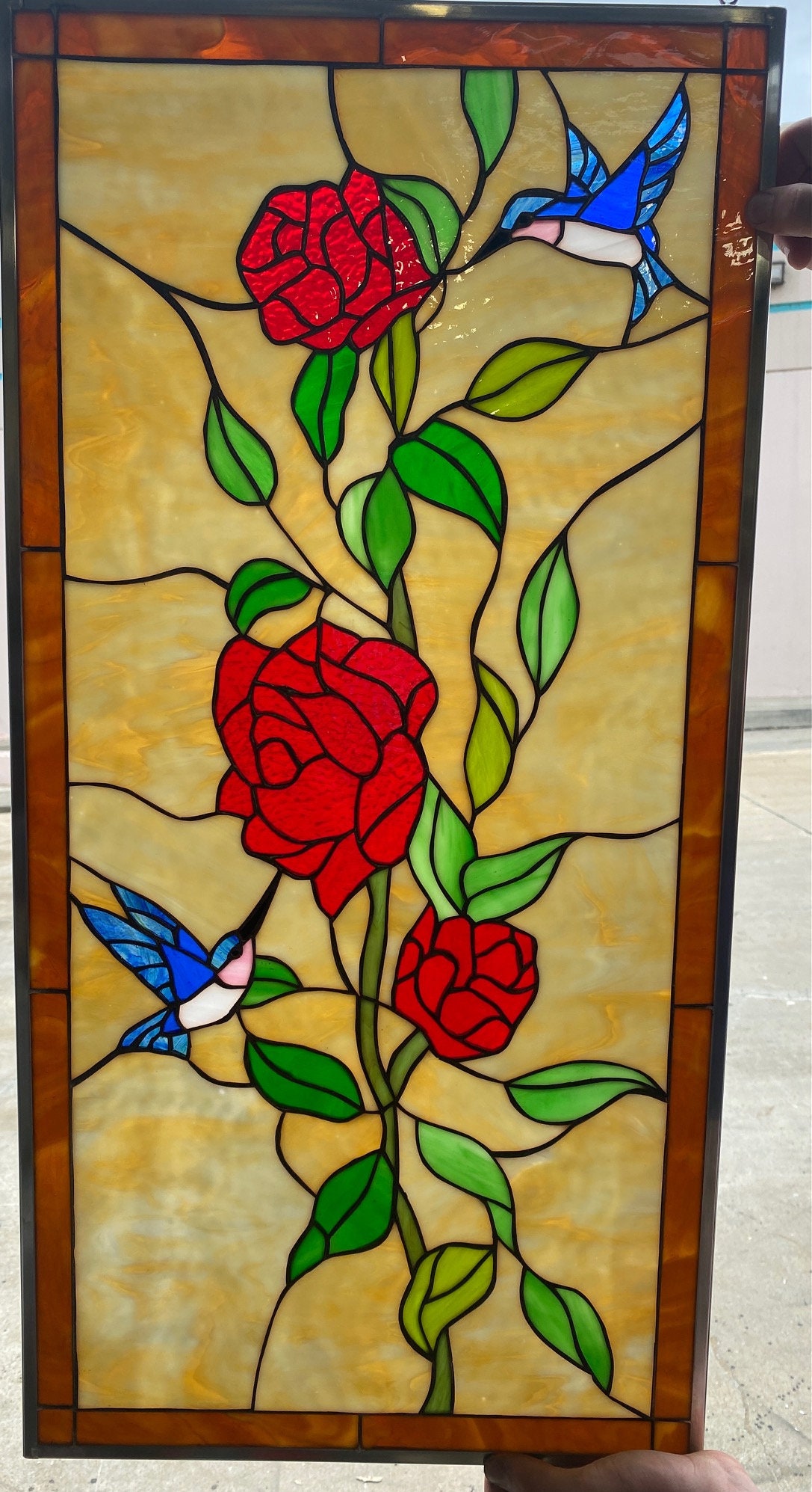 Hummingbird Red Roses Leaded Stained Glass Window Panel Etsy India