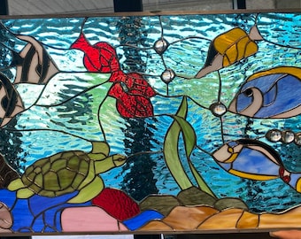 Sealife Stained Glass Window, Panel, Hangings - Turtle Fish Coral Ocean - This is a Customizable Item