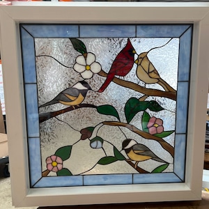 Stained Glass Birds & Flower Blossoms - Ready To Install - Vinyl Framed, Insulated -  Nature Art -Customizable