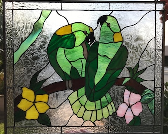 Green Parrots & Blossoms Panel, Window, Cabinet Insert - Parrots On Branch Flowers - Macaws, Bird Stain Glass - Customizable Item#379