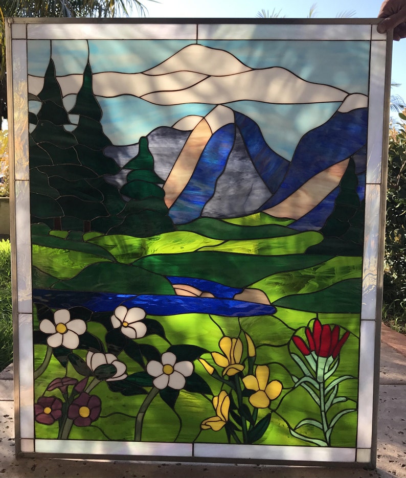 Autumn Wildflowers Leaded Stained Glass Window Panel, Hangings Nature Landscape Mountains Lake Flowers Customizable Item 995 image 1