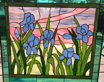 Pastel & Purple Irises Stained Glass Window Panel - Blue Iris Flower Stained Glass Art Decor - Twilight Glass Art - Customizable Item #6730