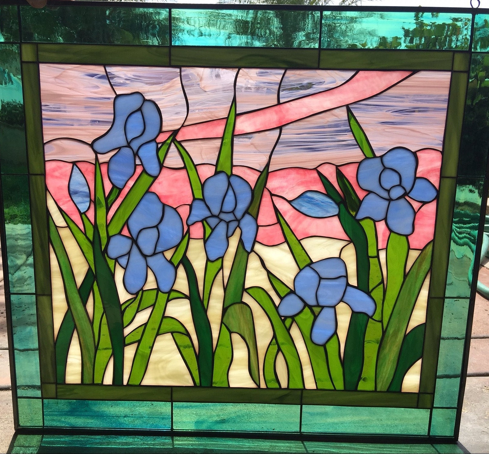 Pastel & Purple Irises Stained Glass Window Panel Blue Iris Etsy