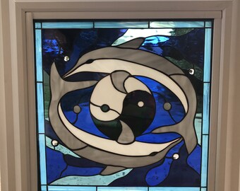 Dolphins & Ying Yang Textured Beveled Stained Glass Window