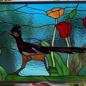 Roadrunner, Poppy Flower Leaded Stained Glass Window Panel, Hangings Bird Stained Glass Art Flower Stained Glass Customizable Item 14733 image 1