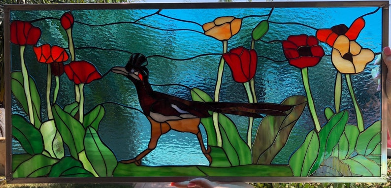 Roadrunner, Poppy Flower Leaded Stained Glass Window Panel, Hangings Bird Stained Glass Art Flower Stained Glass Customizable Item 14733 image 1