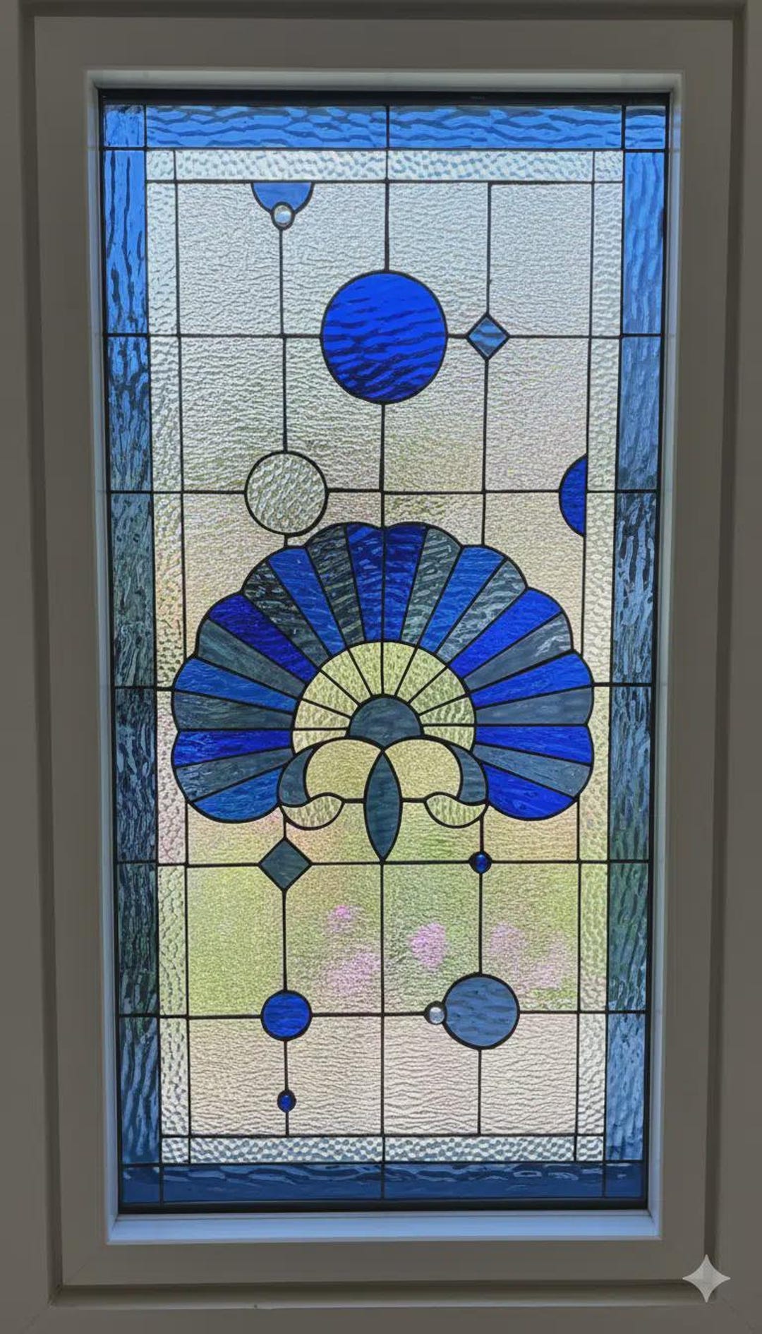 Vinyl Framed & Triple Paned Cobalt Blue Seashell Stained Glass