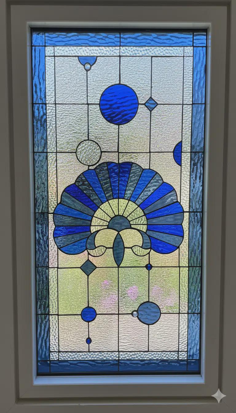 Vinyl Framed & Triple Paned Cobalt Blue Seashell Stained Glass