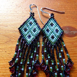 Handcrafted Seed Bead Earrings in Southwest Design -Raspberry/Avocado Green