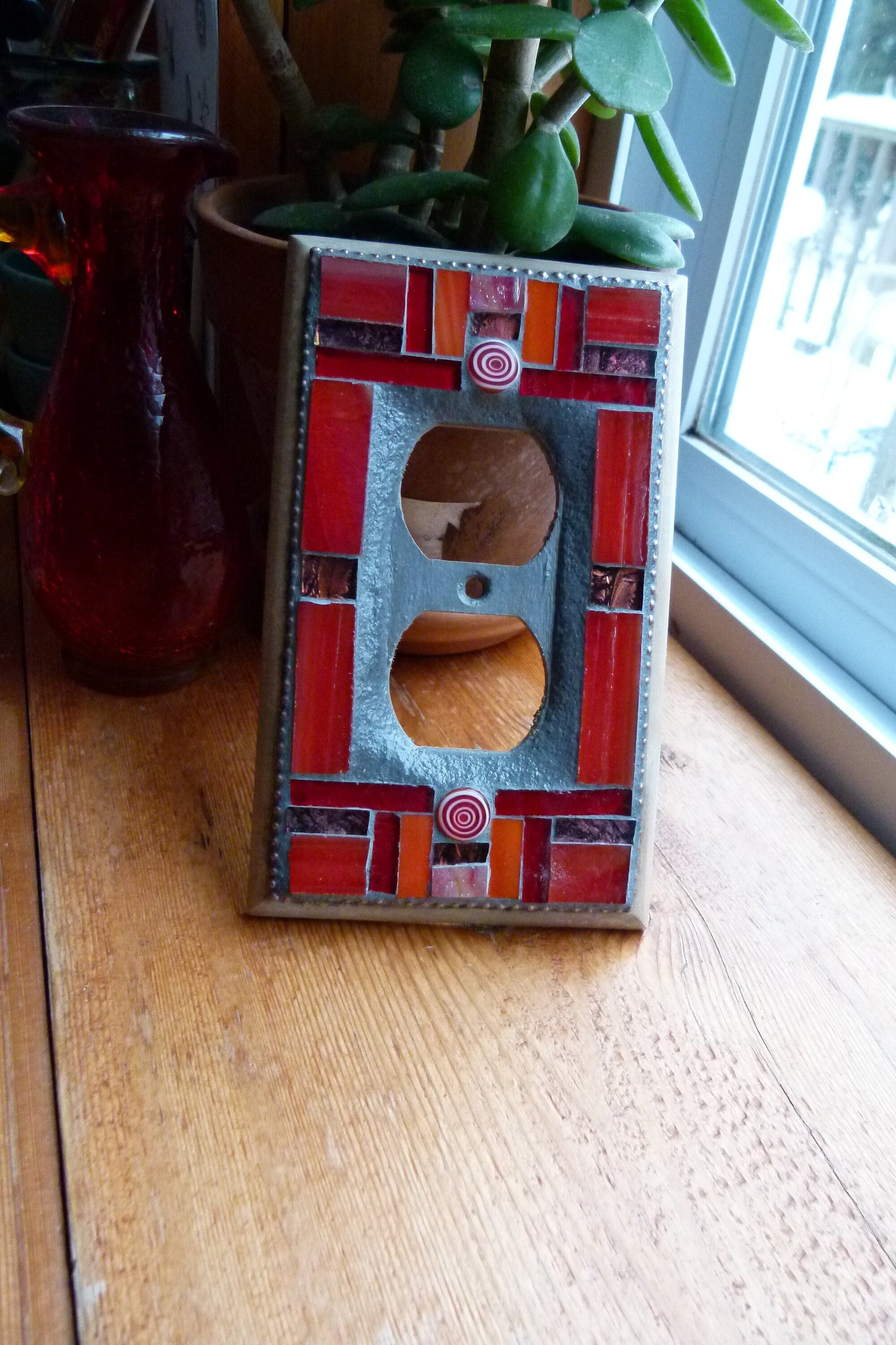 Handcrafted Mosaic Electrical Outlet Plate -Red/orange Art Deco