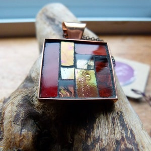 Handcrafted Stained Glass Mosaic Square Copper Pendant-Red/gold/pink