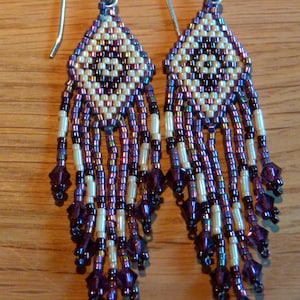 Handcrafted Seed Bead Earrings Tapestry Pattern -Pink-Gold/Raspberry/Antique Beige