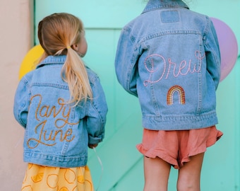 Custom Levi’s Hand Embroidered Big Kids Girls Boys Denim Jacket | Personalized Name Hand Lettered Chain Stitched | Premium Jean Jacket Gift