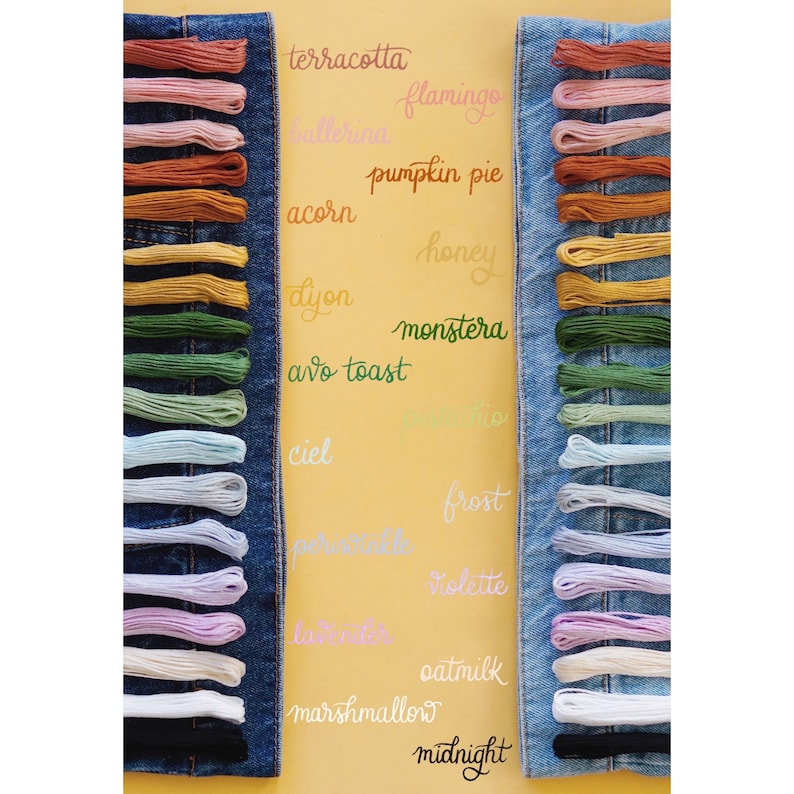 Puede incluir: Una colecci&oacute;n de carretes de hilo para bordar dispuestos en dos filas sobre un fondo de mezclilla. Los colores del hilo se nombran con texto escrito a mano en una variedad de colores, incluyendo terracota, flamenco, bailarina, pastel de calabaza, bellota, miel, dion, monstera, tostada de aguacate, cielo, escarcha, violeta, leche de avena, malvavisco y medianoche.